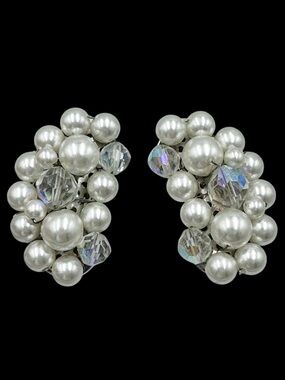 Japan Signed Vintage Faux Pearl Crescent Moon Clip On Earrings